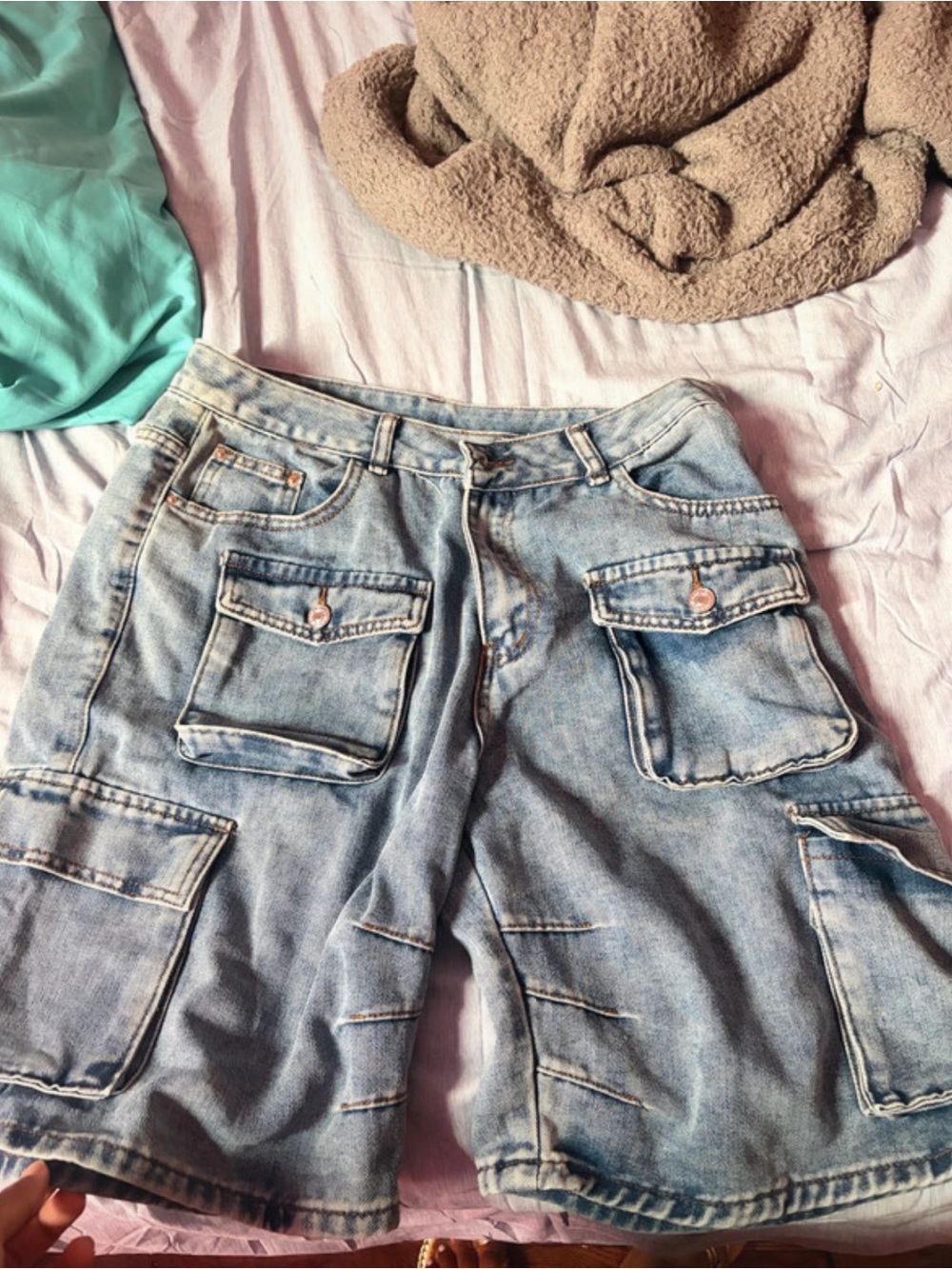 Men's Light Blue Cargo Denim Shorts - Casual Utility Style